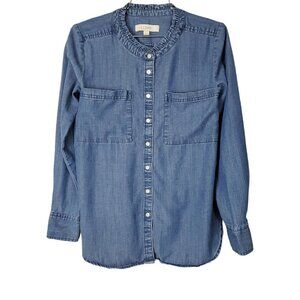 💎Loft Long Sleeve Button Down Ruffle Band Denim Top